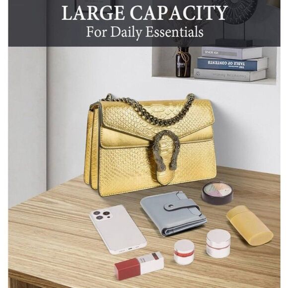 Gold Silver Faux Vegan Alligator Chain Crossbody Satchel Bag - Picture 5 of 5